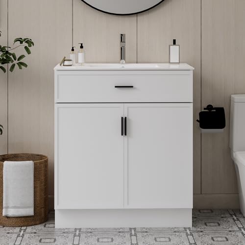 Chyanmoo 30 Inch White Bathroom Vanity with Ceramic Sink, Modern Freestanding Bathroom Cabinet with Soft-Close Doors & Storage, Moisture-Resistant Paint Surface, Single Sink Vanity for Small Bathroom