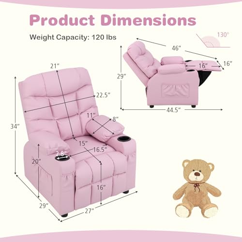 Image of Costzon Kids Recliner Chair with Cup Holder, Adjustable Lounge Chair w /Footrest & Side Pockets for Children Boys Girls Room, Ergonomic Toddler Furniture Sofa, Kids Pink Recliner (Pink)