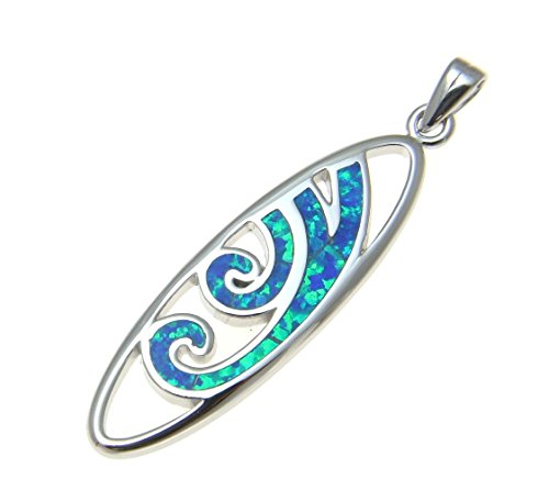 Arthur's Jewelry 925 Sterling silver Hawaiian blue synthetic opal ocean wave surfboard pendant2
