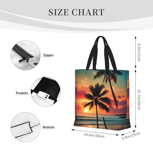 Tropical Beach Palm Tree Print Tote Bags, Large Capacity Zipper Shoulder Bag, For Shopping, Work, Daily4
