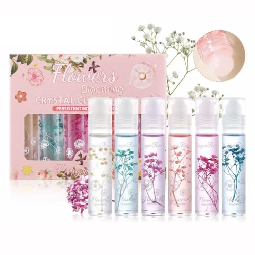 Roll On Lip Gloss Se 6 Packungen Flower Jelly Lip Oil Long Lasting Moisturizer Lip Blam mit echten Blumen Glossy Lip Make-up für trockene und rissige Lippen