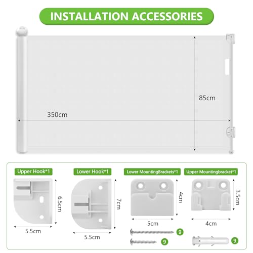 HAPPY FINDING Treppenschutzgitter Ausziehbar Extra Breit 350cm | 84 cm Hoch | Mühelos EIN klick Schloss | Einhändig Bedienbar | Türgitter ausziehbar aus PVC ABS für Treppen/Türen/Innen & Außen