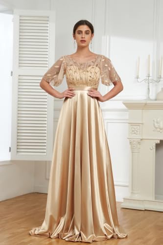 Embroidery Sequin Prom Dress Satin Bridesmaid Dresses with Sleeve A-Line Evening Formal Dress with Pockets AF0092