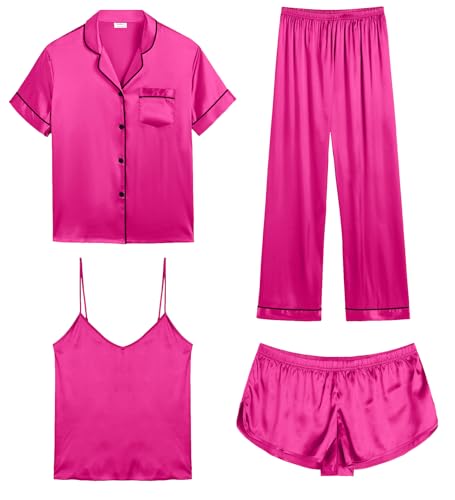Image of SWOMOG Womens Silk Satin Pajamas Sets 4pcs Sleepwear Sexy Cami Shorts Set and Button Down Short Sleeve Pjs Loungewear Rose Red X-Large