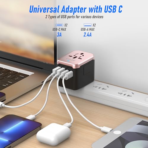 Image of VYLEE Universal Travel Adapter, 5 in 1 International Power Adapter with 3.5A 2xUSB-A & 2xUSB-C Ports, Travel Plug Adapter Worldwide for Europe USA UK AUS Travel Essentials (Rose Gold)