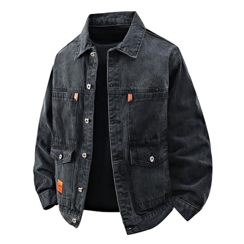 Generisch Chaqueta vaquera para hombre, sin forro, estilo occidental, chaqueta de entretiempo elástica, con cuello sobre, primavera, otoño, bolsillo en el pecho, chaqueta de ocio, sin capucha, corte