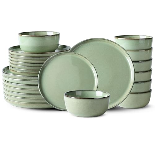 Image of GBHOME Ceramic Dinnerware Sets for 8, 24 Pieces Stoneware Plates and Bowls Sets, Scratch Resistant Dishes, Dishwasher & Microwave Safe-Pastel Green