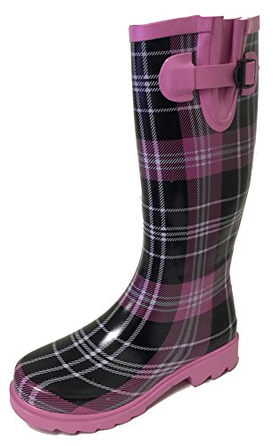 G4U Women's Rain Boots Multiple Styles Color Mid Calf Wellies Buckle Fashion Rubber Knee High Snow Shoes (8 B(M) US, Pink/Black Plaid)
