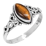 Anillo ajustable de plata con ojo de tigre marrón de Jeweloporium, anillo de plata de ley 925 para mujer, joyería bohemia con auténtica piedra preciosa marquesa