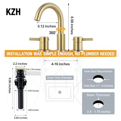 Kzh KZH-WBF-006G-XS Bathroom Faucet For Sink 3 Hole 8 Inch Spread Brushed Gold thumb #4