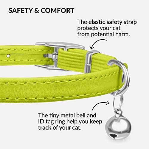 Image of CollarDirect Leather Cat Collar, Animal Collar with Elastic Safety Strap and Bell for Boy, Girl, Kitten (Neck Fit 6 inch-7 inch, Lime Green)