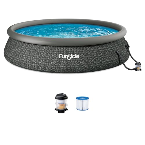 Funsicle Quickset Designer 15 x 36 Round Above Ground Swimming Pool with FiltraBoost 800 GPH Filter Pump Type D Filter Cartridge & Repair Patch Dark Herringbone