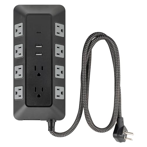 GE Surge Protector Power Strip with USB Ports, 4 Ft Braided Extension Cord, 3540 Joules, 10 Outlet Extender (Wide Spaced), 2 USB-A, 1 USB-C, Flat Plug, Wall Mount, Black, 81785 by GE - Used condition - Image 3