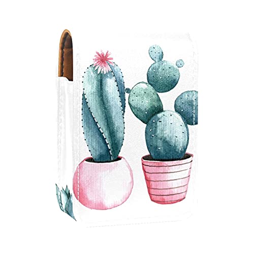 Cactus in Pink Pot Lip Gloss Holder Lipstick Case Portable Makeup Bag Travel Lipstick Organizer Case with Mirror Mini Lipstick Storage Box for Women