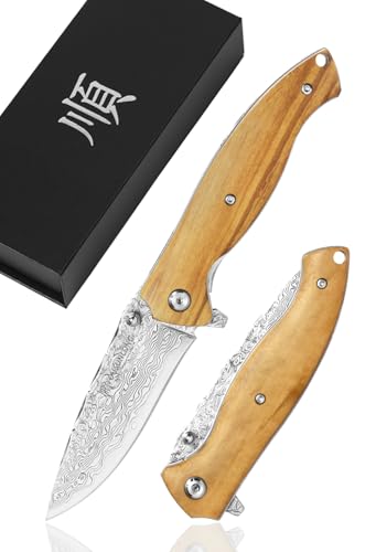 YOUSUNLONG Cuchillo plegable de camping - Cuchillo de bolsillo 191mm - 73 capas de acero de Damasco martillado con madera natural de olivo italiano - Camping,Senderismo,Pesca,Utilidad,Desollado