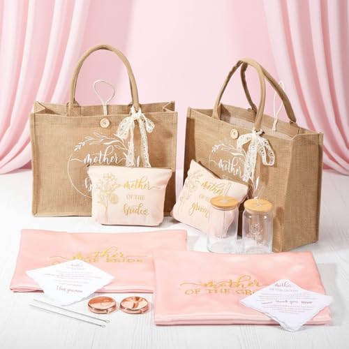 Image of Hushee 12 Pcs Mother of the Bride Groom Gift Set: Satin Robes for Women Tote Bags Makeup Bags 16oz Glass with Straws Handkerchiefs Mirrors for Mom Bridal Shower Wedding Gifts (Pink,Flower)
