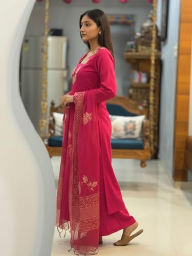 Image of ANNI Designer Women's Rayon Viscose Straight fit Printed Embroidered Kurta with Pant & Dupatta | Ethnic Kurta Set for Women | Daily, Office & Festive Traditional