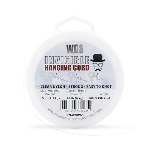 Image of WCS Invisible Hanging Wire Clear Cord Nylon String, 100ft - 5 lb / 2.2 kg | Clear nylon, Invisible heavy duty cord, Frames displays decor, Events parties galleries, 20lb support, 80lb break strength
