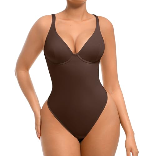 Image of FeelinGirl Bodysuits for Women Tummy Control Thong Shapewear Body Suit Sexy Deep V Neck Corset Tops for Women