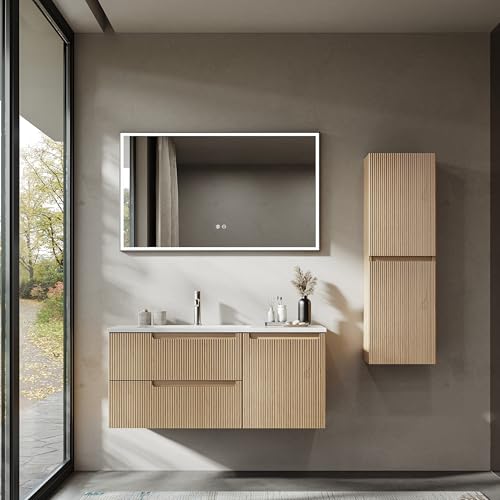 BRIDGE BENO Meuble Haut De 100 cm avec Vasque en Résine Minérale, 2 Tiroirs Et Porte, Ultra-Mince, Fermeture en Douceur, Finition Nervurée, Convient Aux Grandes...