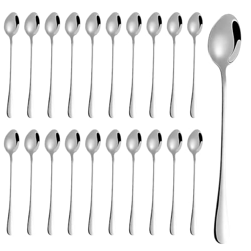 Latte Macchiato Spoon Set, 20 Pieces Spoons, Dessert Spoons, Long Spoons, 19.3 cm, Latte Macchiato Spoon for Cocktail Coffee Tea Milkshake Ice Cream Sundae Dessert (Silver)