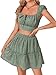 Vrtige Women's 2 Piece Outfits Floral Cap Sleeve Square Neck Shirred Crop Top and Mini Skirt Set Floral Green Large