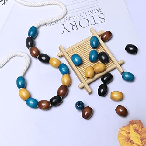 17x14mm 200Pcs Oval Wood Beads with 5mm Hole for Macrame Crafts, Mixed Black Coffee Light Brown and Teal Colors Dreadlock Hair Braid Beads for Hair Decors Cover