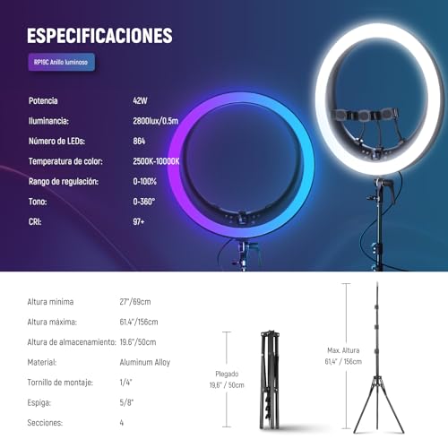 NEEWER 19" Anillo de Luz LED RGB con Soporte, 3 Soportes para Teléfono, Panel Táctil, 2.4G/App Control, 42W CRI97+ 2800lux/0.5m 360° Hue Regulable Iluminación para Transmisión en Vivo Zoom, RP19C - imagen 7