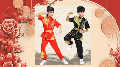 Image of Boys Girls Kung Fu Master Tai Chi Dragon Chinese Uniform Top Shirt Pants Set Outfit