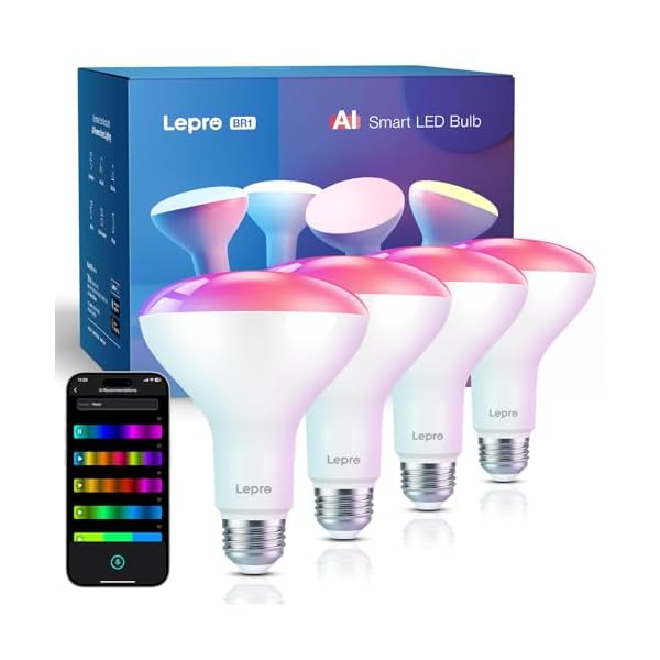 Lepro BR1 AI LED Smart Bulbs – AI Generated Lighting, LightGPM 2 with LLM, LightBeats Music Sync, Voice Control Via App, RGBWW Colors, Work with Alexa & Google Assistant, BR30 E26 8W, 4 Packs