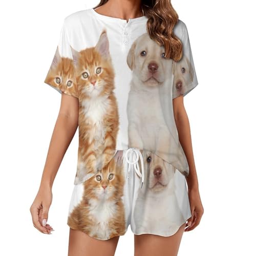 Chien-chat orange ensemble de pyjama pour femme confortable coupe ete