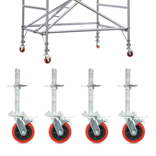 Nisorpa 4 Stück Gerüstrollen 200 mm Scaffolding Caster Wheels with Brake, 1-1/4 OD Scaffold Screw, 21 Hight Screw Adjustable Leveling Scaffolding Wheels