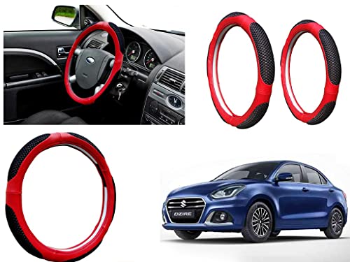 Image of Microfiber Car Steering Wheel Cover, Soft Padding Great Hand Feel, Anti-Slip, Faux Leather Steering Cover for Maruti Suzuki Swift Dzire 2020 | Black Red Jali - Pack of 1
