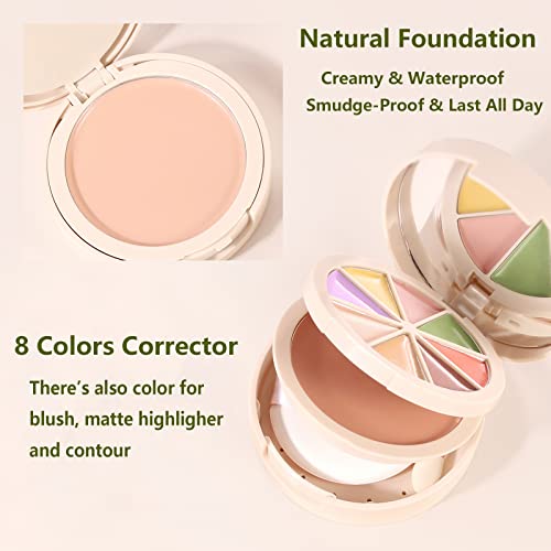 Rosarden All In One Three Layers Cream Foundation Palette, 8 Color Corrector Palette, Full Coverage Concealer, Concealer For Dark Circles, Cream Contour Palette, Makeup Palette With Makeup Puff , Mirror And Small Brush, Long Lasting & Waterproof Color Correcting Foundation, Under Eye Concealer Brightening Concealer #TOP1