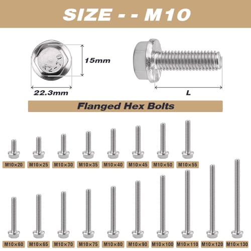 Image of M10-1.5 x 20mm (10 pcs) Flanged Hex Bolts, 304 Stainless Steel 18 /8, Large Washer Head Automotive Screws for Car Parts & Machinery Replacement
