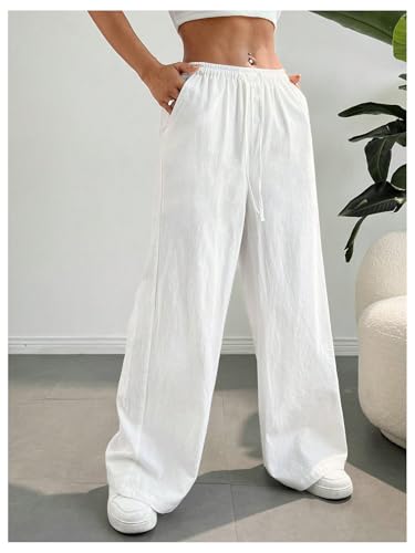 Image of SHENHE Girl's Linen Low Waisted Drawstring Button Front Loose Long Pants Casual Boho Trousers