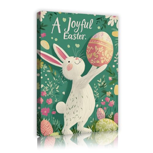 Tableau lapins de Pâques et fleurs bleu sarcelle encadré 30x45cm
