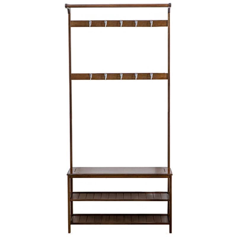 Clothes Rod Rack Double Poles Clothes Rail Heavy Duty Coat Rack in Bamboo with Shoe Stool and Hooks