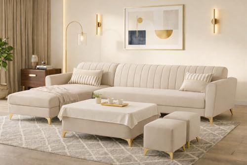 Image of Adorn India Premium Luster 8 Seater L Shape Sofa Set with 2 Puffy & 1 Center Table | Velvet Suede Fabric | 3-Year Warranty | LHS | Cream with Golden Legs & Striped Pattern Cushion