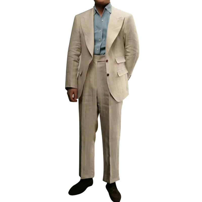 HBDesign 2 Button Men's Linen Peak Lapel Collar Suit for Men Summer Wedding Linen Suit Groom Prom Tuxedo Suit
