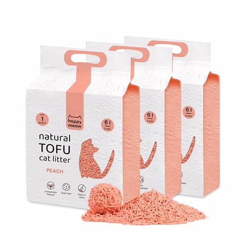 HAPPY MEOW Arena de Tofu para Gatos (18L/7,5Kg) - Natural y Biodegradable - Aglomerante Instantáneo, Bajo en Polvo, Control de Olores Duradero, Ultra Absorbente, Desechable en el Inodoro (Melocotón)