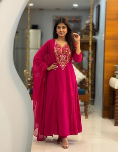 Image of ANNI Designer Women Viscose Embroidered Anarkali Kurta with Palazzo and Dupatta | Ladies Kurta Palazzo Dupatta Set | Ethnic Wear Indian Traditional Clothing for Women