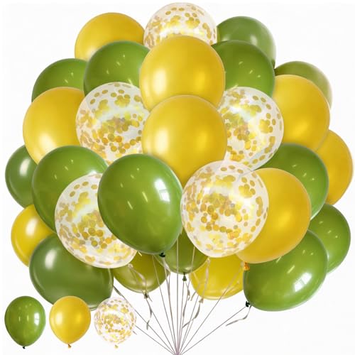 Image of 60Pcs Green Yellow Balloons, Gold Confetti Balloons for Party Decorations | 12-inch green, yellow & confetti balloons create a vibrant party setup for birthdays, baby showers, graduations & events