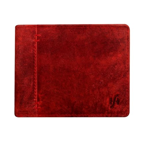 Men's RFID Blocking Real Distressed Hunter Leather Trifold Wallet Credit Card Holder Id And Coin Purse Billfold 1055 Red