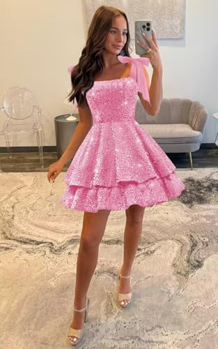 TORYEMY Sequin Short Homecoming Dresses with Bow Tiered Spaghetti Straps Sparkly Cocktail Party Dresses for Teens2