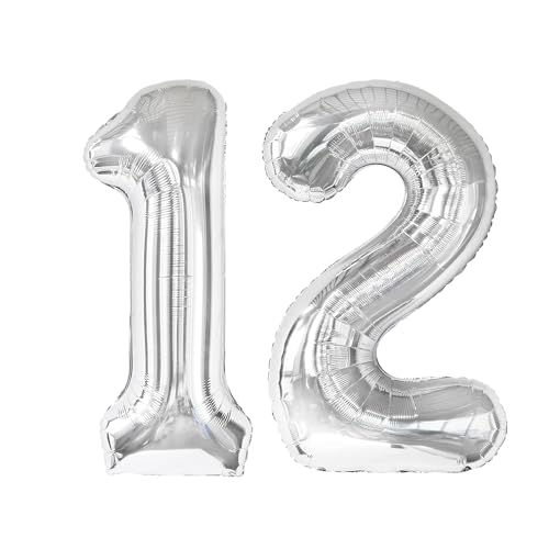 Image of Silver Number 12 Balloon 40 inch, 12 Number Balloons, 12th Silver Birthday Decorations, 12 Year Old Silver Party Supplies
