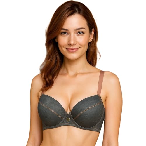 Image of ELEG & STILANCE Women's Padded Denim Look Push-Up Bra - Stylish Seam Detailing | Underwired Support | Casual Chic Innerwear