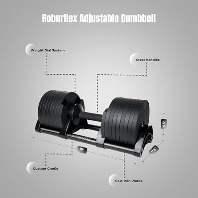 Adjustable Dumbbell (Single) by ROBURFLEX for Workout Strength Training Fitness Home Gym