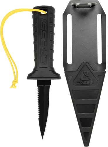 CRESSI Mamba Knife Teflon Coated-Cuchillo de Buceo para Adultos,Diseño fino y afilado, Hoja de Doble Corte Liso/Serrado en Acero Inoxidable 4Cr14/Teflón Negro 7cm, Funda con Cordón/Cierre de Seguridad