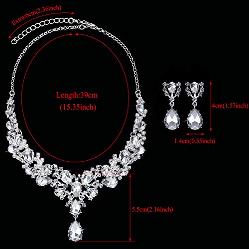 Bridal Teardrop Cluster Crystal Jewelry Set For Women Necklace Earrings Wedding (Silver) #TOP2